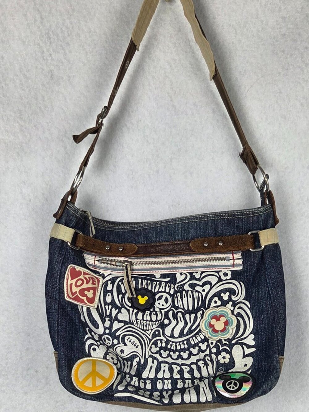 Disney Parks Peace Love Happiness Denim Shoulder Bag Handbag Cotton